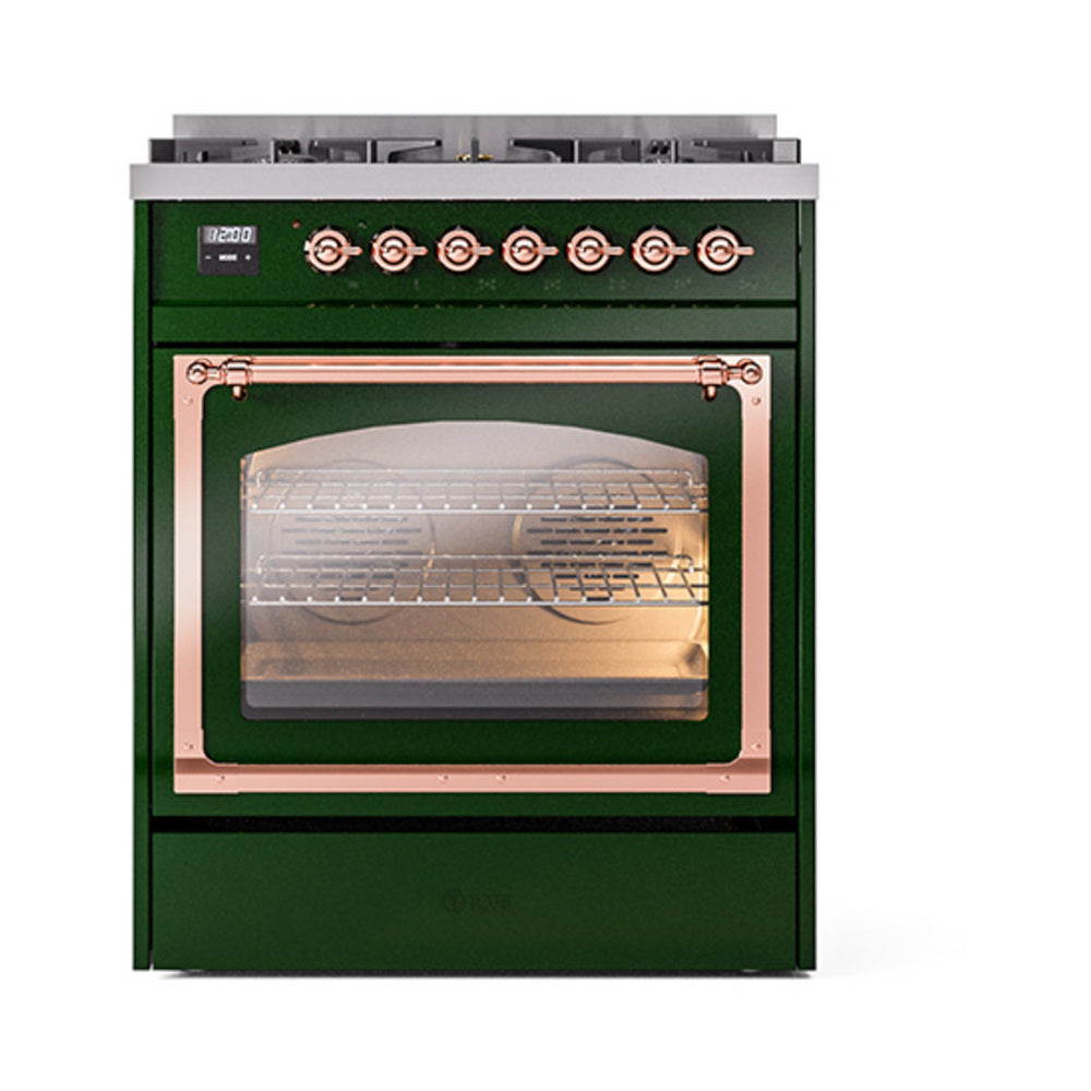 ILVE Nostalgie II Noblesse 30-Inch Natural Gas Dual Fuel Range with Triple Glass Door in Emerald Green with Copper Trim (UN30NMPEGP)