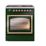 ILVE Nostalgie II Noblesse 30-Inch Natural Gas Dual Fuel Range with Triple Glass Door in Emerald Green with Copper Trim (UN30NMPEGP)