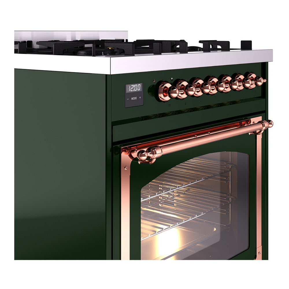 ILVE Nostalgie II Noblesse 30-Inch Natural Gas Dual Fuel Range with Triple Glass Door in Emerald Green with Copper Trim (UN30NMPEGP)