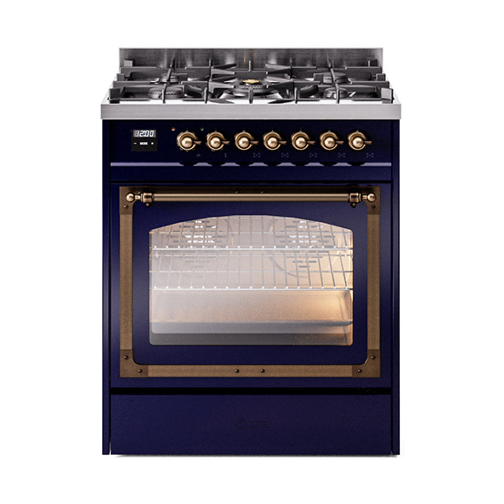 ILVE Nostalgie II Noblesse 30-Inch Propane Gas Dual Fuel Range with Triple Glass Door in Midnight Blue with Bronze Trim (UN30NMPMBBLP)