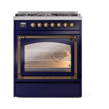 ILVE Nostalgie II Noblesse 30-Inch Natural Gas Dual Fuel Range with Triple Glass Door in Midnight Blue with Bronze Trim (UN30NMPMBB)