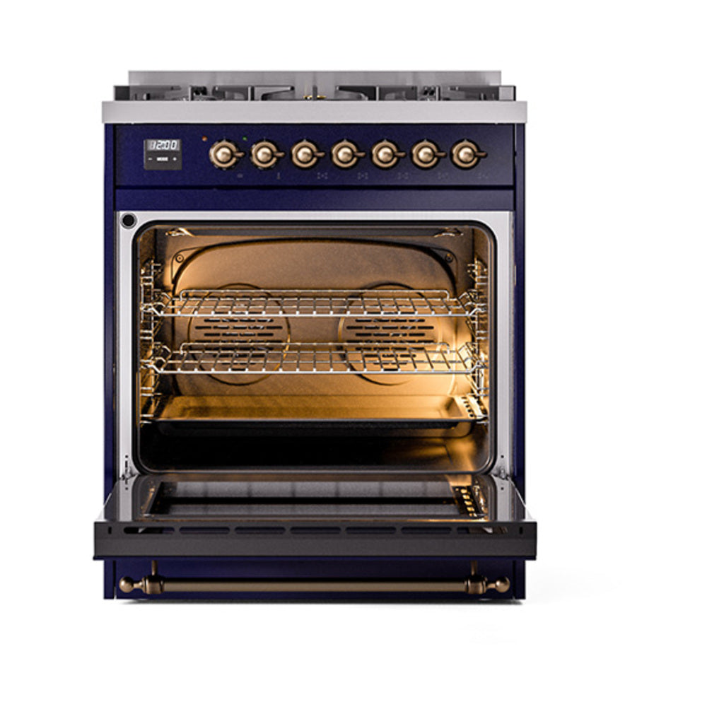 ILVE Nostalgie II Noblesse 30-Inch Natural Gas Dual Fuel Range with Triple Glass Door in Midnight Blue with Bronze Trim (UN30NMPMBB)