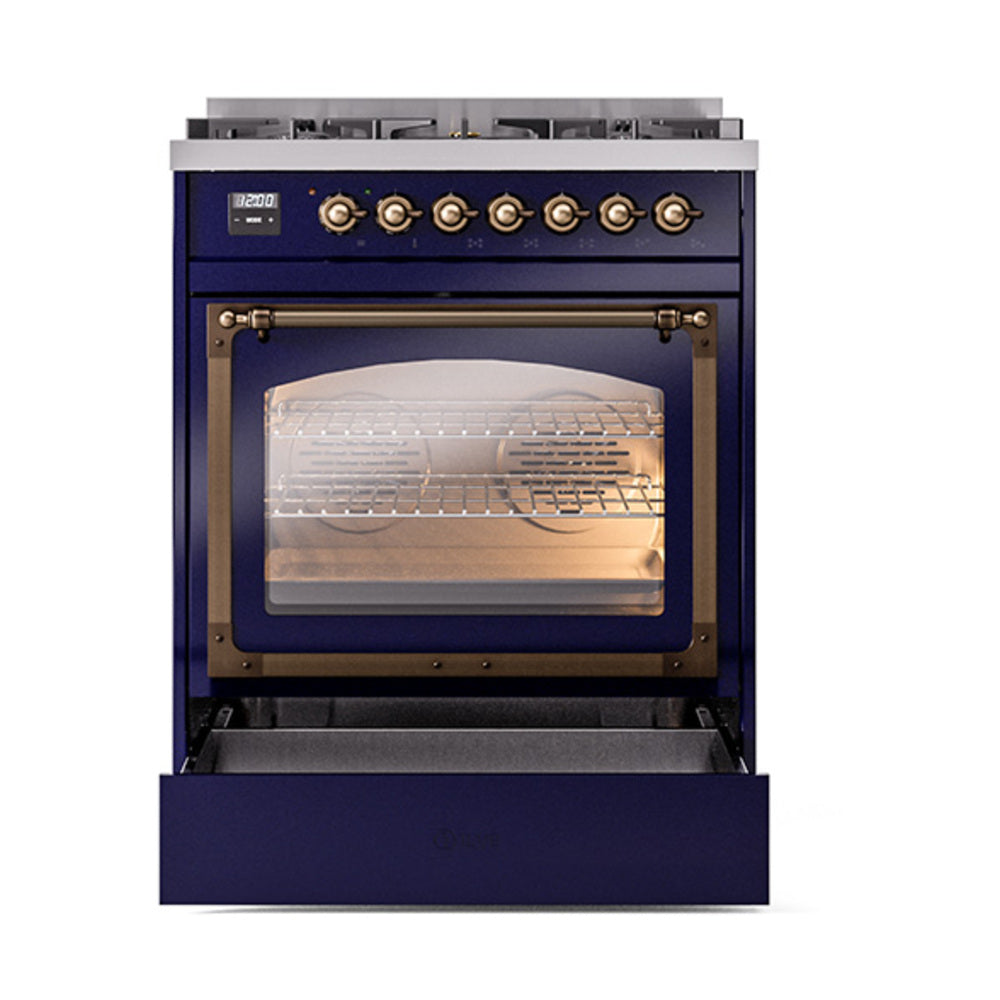 ILVE Nostalgie II Noblesse 30-Inch Propane Gas Dual Fuel Range with Triple Glass Door in Midnight Blue with Bronze Trim (UN30NMPMBBLP)