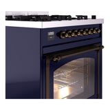 ILVE Nostalgie II Noblesse 30-Inch Propane Gas Dual Fuel Range with Triple Glass Door in Midnight Blue with Bronze Trim (UN30NMPMBBLP)