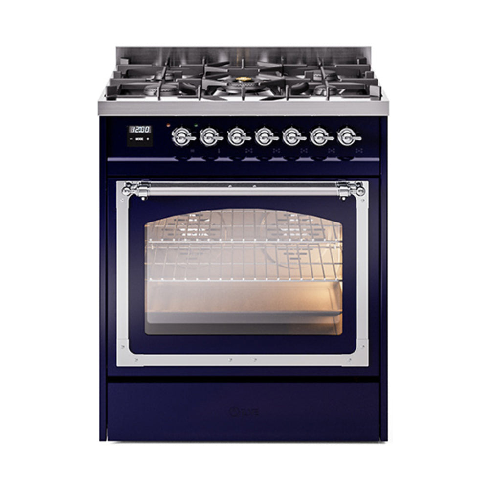 ILVE Nostalgie II Noblesse 30-Inch Natural Gas Dual Fuel Range with Triple Glass Door in Midnight Blue with Chrome Trim (UN30NMPMBC)