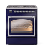 ILVE Nostalgie II Noblesse 30-Inch Natural Gas Dual Fuel Range with Triple Glass Door in Midnight Blue with Chrome Trim (UN30NMPMBC)
