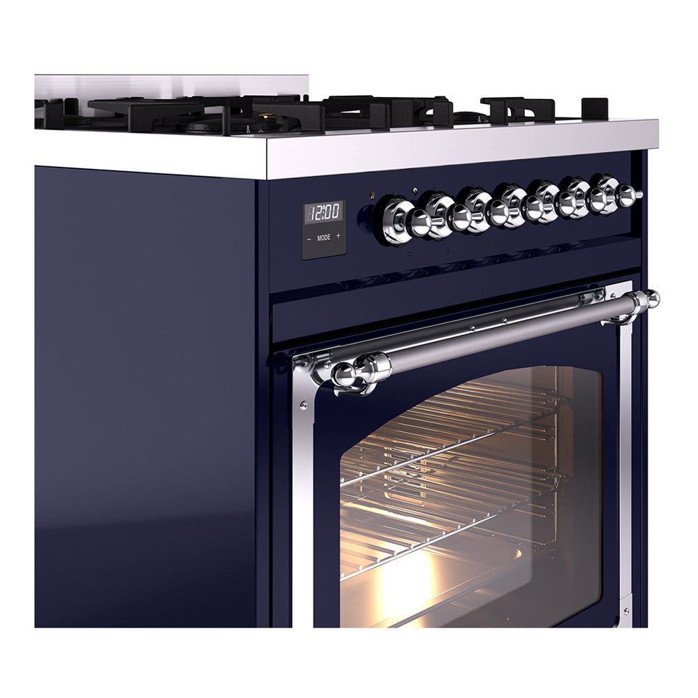 ILVE Nostalgie II Noblesse 30-Inch Natural Gas Dual Fuel Range with Triple Glass Door in Midnight Blue with Chrome Trim (UN30NMPMBC)