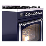 ILVE Nostalgie II Noblesse 30-Inch Natural Gas Dual Fuel Range with Triple Glass Door in Midnight Blue with Chrome Trim (UN30NMPMBC)
