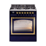 ILVE Nostalgie II Noblesse 30-Inch Propane Gas Dual Fuel Range with Triple Glass Door in Midnight Blue with Brass Trim (UN30NMPMBGLP)