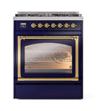 ILVE Nostalgie II Noblesse 30-Inch Propane Gas Dual Fuel Range with Triple Glass Door in Midnight Blue with Brass Trim (UN30NMPMBGLP)