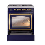 ILVE Nostalgie II Noblesse 30-Inch Propane Gas Dual Fuel Range with Triple Glass Door in Midnight Blue with Brass Trim (UN30NMPMBGLP)