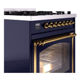 ILVE Nostalgie II Noblesse 30-Inch Propane Gas Dual Fuel Range with Triple Glass Door in Midnight Blue with Brass Trim (UN30NMPMBGLP)