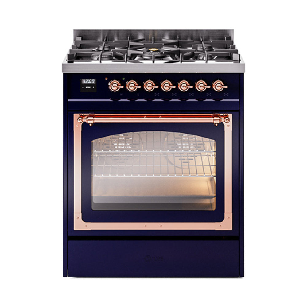 ILVE Nostalgie II Noblesse 30-Inch Natural Gas Dual Fuel Range with Triple Glass Door in Midnight Blue with Copper Trim (UN30NMPMBP)