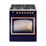 ILVE Nostalgie II Noblesse 30-Inch Propane Gas Dual Fuel Range with Triple Glass Door in Midnight Blue with Copper Trim (UN30NMPMBPLP)