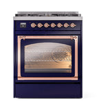 ILVE Nostalgie II Noblesse 30-Inch Propane Gas Dual Fuel Range with Triple Glass Door in Midnight Blue with Copper Trim (UN30NMPMBPLP)