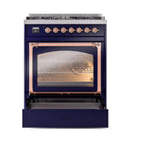 ILVE Nostalgie II Noblesse 30-Inch Natural Gas Dual Fuel Range with Triple Glass Door in Midnight Blue with Copper Trim (UN30NMPMBP)