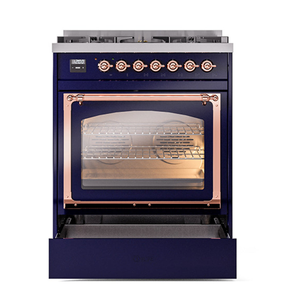 ILVE Nostalgie II Noblesse 30-Inch Propane Gas Dual Fuel Range with Triple Glass Door in Midnight Blue with Copper Trim (UN30NMPMBPLP)