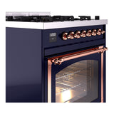 ILVE Nostalgie II Noblesse 30-Inch Natural Gas Dual Fuel Range with Triple Glass Door in Midnight Blue with Copper Trim (UN30NMPMBP)