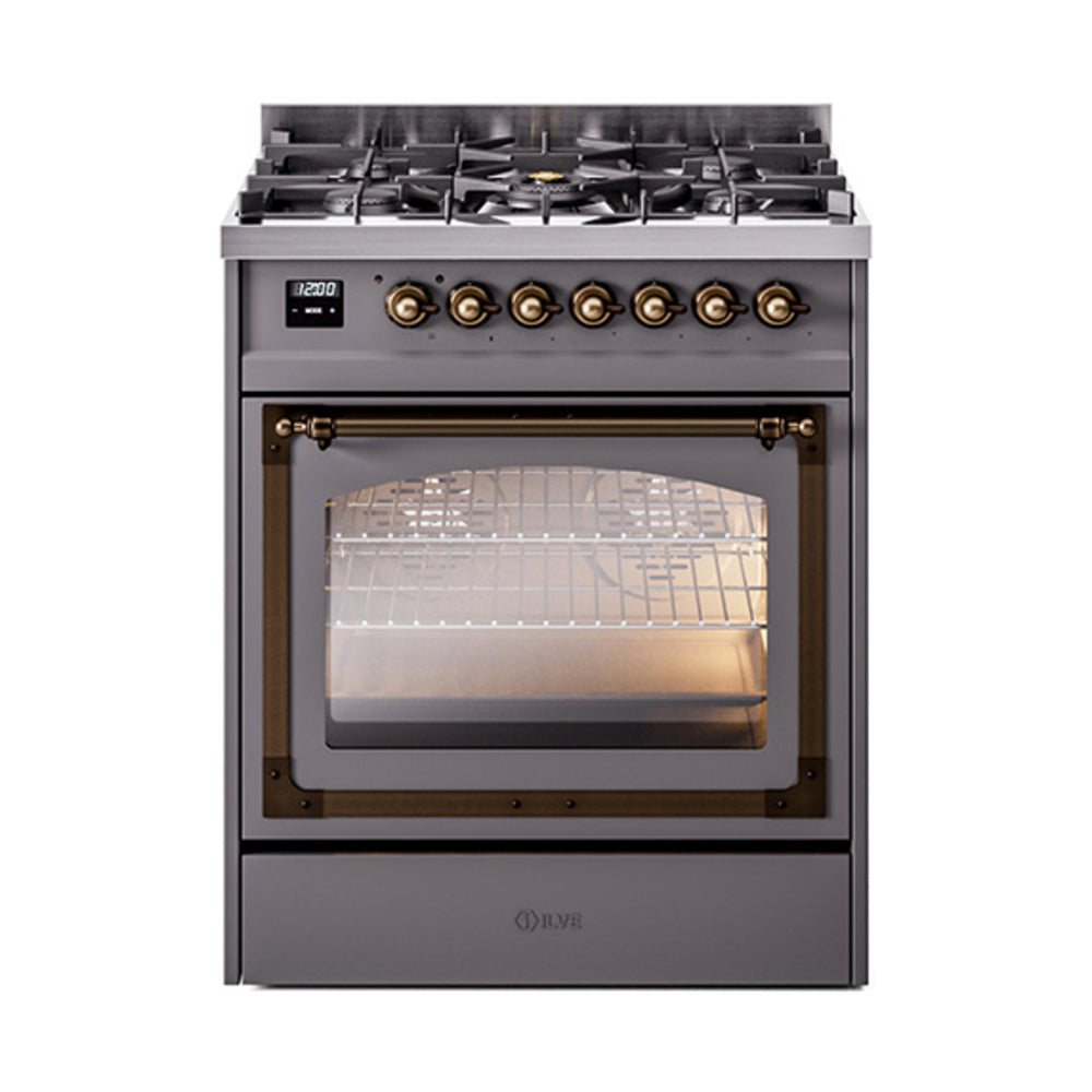 ILVE Nostalgie II Noblesse 30-Inch Propane Gas Dual Fuel Range with Triple Glass Door in Matte Graphite with Bronze Trim (UN30NMPMGBLP)