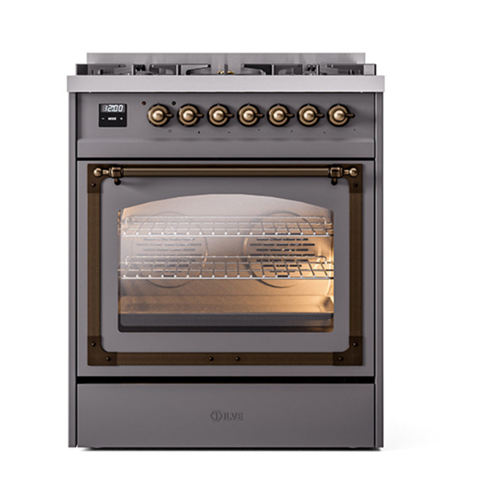 ILVE Nostalgie II Noblesse 30-Inch Propane Gas Dual Fuel Range with Triple Glass Door in Matte Graphite with Bronze Trim (UN30NMPMGBLP)