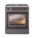 ILVE Nostalgie II Noblesse 30-Inch Natural Gas Dual Fuel Range with Triple Glass Door in Matte Graphite with Bronze Trim (UN30NMPMGB)