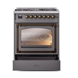 ILVE Nostalgie II Noblesse 30-Inch Natural Gas Dual Fuel Range with Triple Glass Door in Matte Graphite with Bronze Trim (UN30NMPMGB)