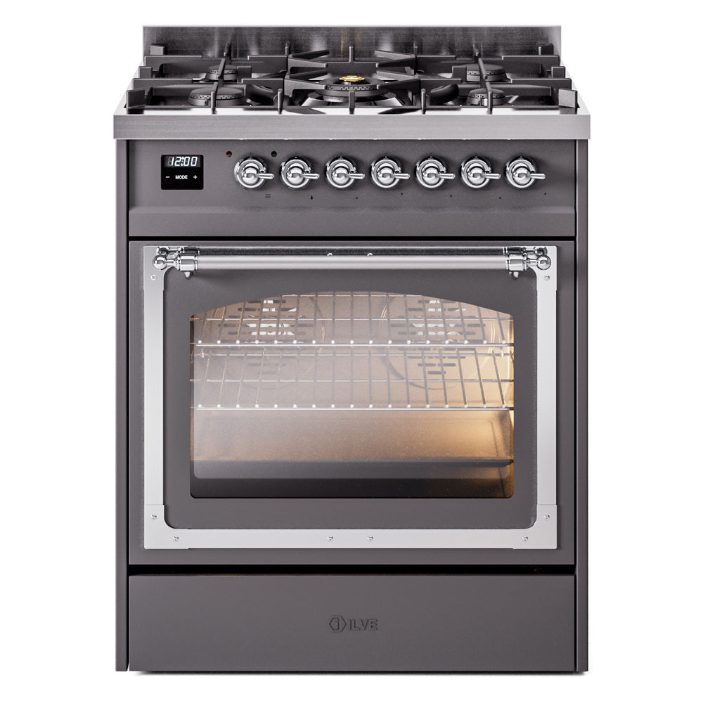 ILVE Nostalgie II Noblesse 30-Inch Propane Gas Dual Fuel Range with Triple Glass Door in Matte Graphite with Chrome Trim (UN30NMPMGCLP)
