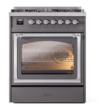 ILVE Nostalgie II Noblesse 30-Inch Propane Gas Dual Fuel Range with Triple Glass Door in Matte Graphite with Chrome Trim (UN30NMPMGCLP)
