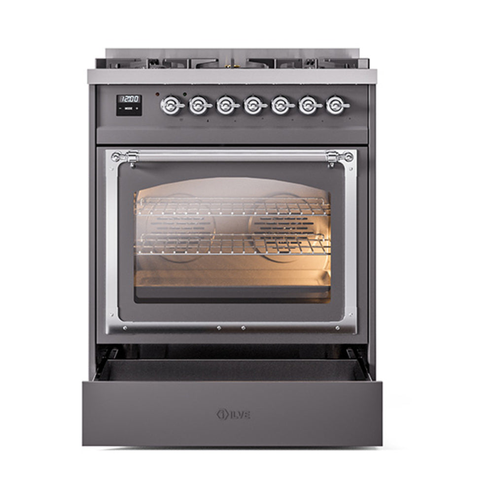ILVE Nostalgie II Noblesse 30-Inch Propane Gas Dual Fuel Range with Triple Glass Door in Matte Graphite with Chrome Trim (UN30NMPMGCLP)