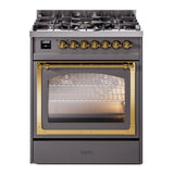 ILVE Nostalgie II Noblesse 30-Inch Propane Gas Dual Fuel Range with Triple Glass Door in Matte Graphite with Brass Trim (UN30NMPMGGLP)