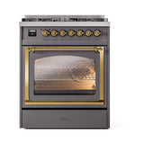 ILVE Nostalgie II Noblesse 30-Inch Natural Gas Dual Fuel Range with Triple Glass Door in Matte Graphite with Brass Trim (UN30NMPMGG)
