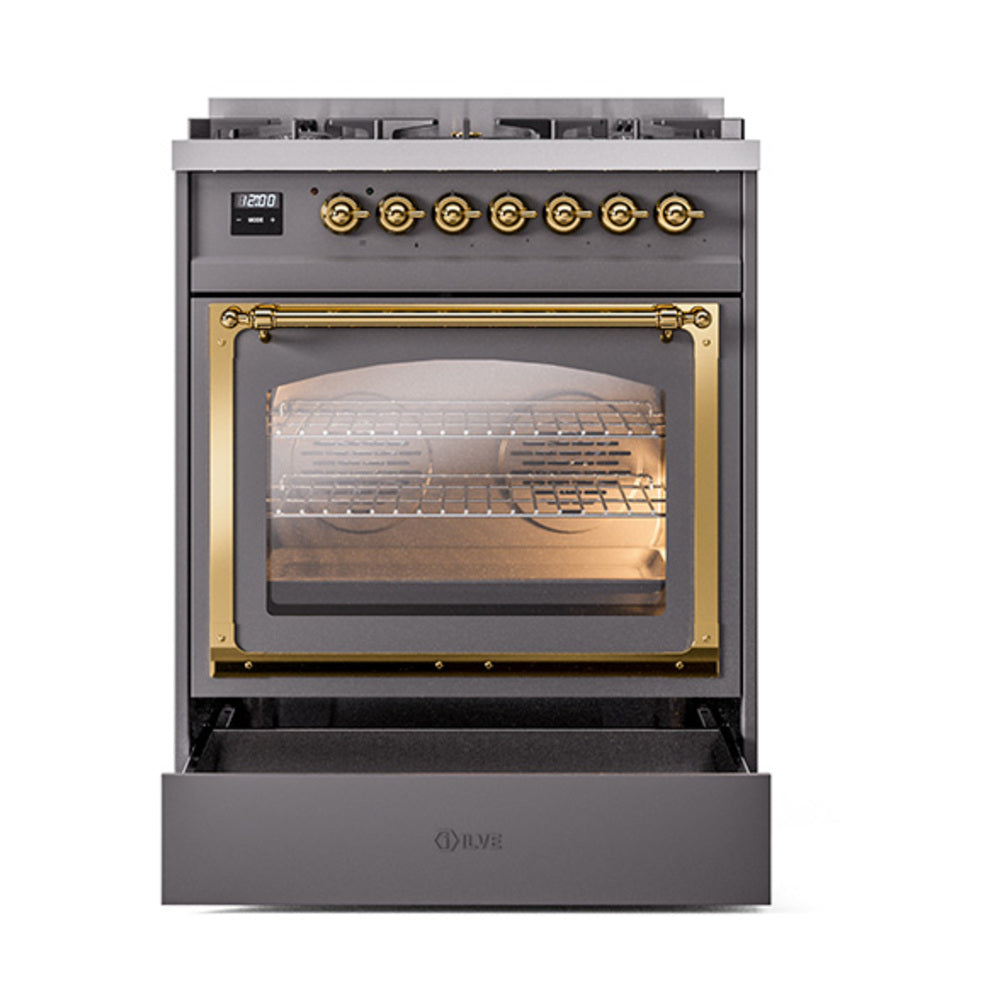ILVE Nostalgie II Noblesse 30-Inch Natural Gas Dual Fuel Range with Triple Glass Door in Matte Graphite with Brass Trim (UN30NMPMGG)