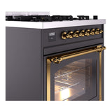 ILVE Nostalgie II Noblesse 30-Inch Propane Gas Dual Fuel Range with Triple Glass Door in Matte Graphite with Brass Trim (UN30NMPMGGLP)