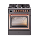 ILVE Nostalgie II Noblesse 30-Inch Propane Gas Dual Fuel Range with Triple Glass Door in Matte Graphite with Copper Trim (UN30NMPMGPLP)