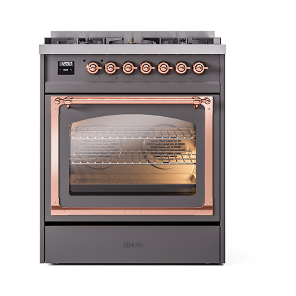 ILVE Nostalgie II Noblesse 30-Inch Propane Gas Dual Fuel Range with Triple Glass Door in Matte Graphite with Copper Trim (UN30NMPMGPLP)