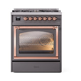 ILVE Nostalgie II Noblesse 30-Inch Propane Gas Dual Fuel Range with Triple Glass Door in Matte Graphite with Copper Trim (UN30NMPMGPLP)