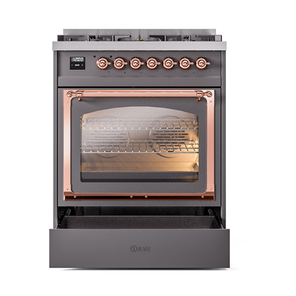 ILVE Nostalgie II Noblesse 30-Inch Propane Gas Dual Fuel Range with Triple Glass Door in Matte Graphite with Copper Trim (UN30NMPMGPLP)