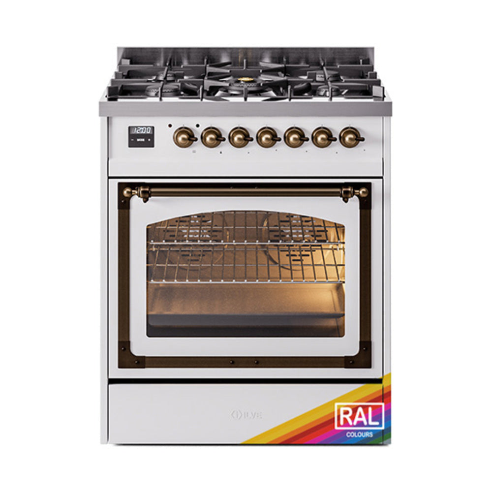 ILVE Nostalgie II Noblesse 30-Inch Propane Gas Dual Fuel Range with Triple Glass Door in Custom RAL with Bronze Trim (UN30NMPRABLP)
