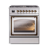 ILVE Nostalgie II Noblesse 30-Inch Propane Gas Dual Fuel Range with Triple Glass Door in Stainless Steel with Bronze Trim (UN30NMPSSBLP)
