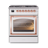 ILVE Nostalgie II Noblesse 30-Inch Natural Gas Dual Fuel Range with Triple Glass Door in White with Copper Trim (UN30NMPWHP)