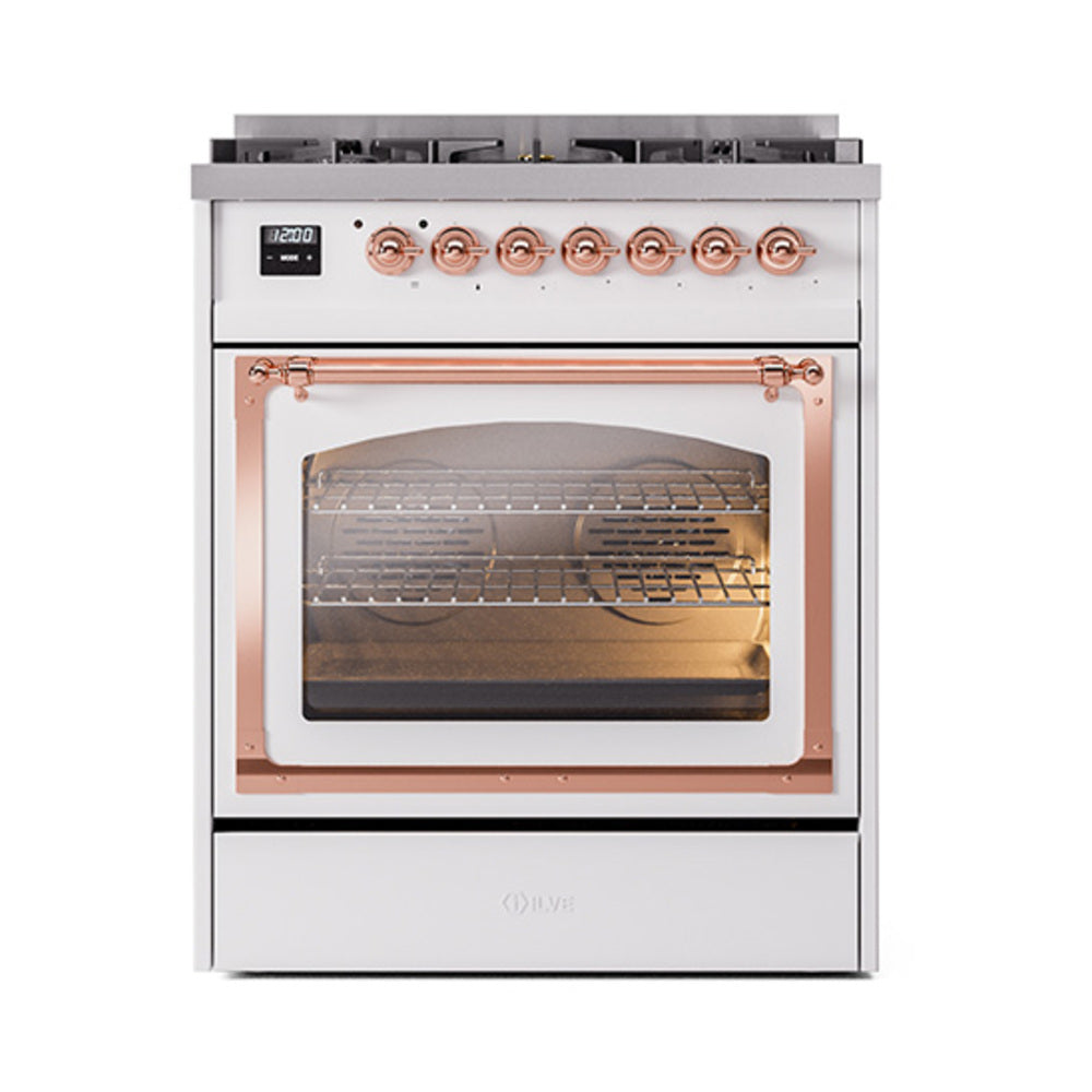 ILVE Nostalgie II Noblesse 30-Inch Propane Gas Dual Fuel Range with Triple Glass Door in White with Copper Trim (UN30NMPWHPLP)