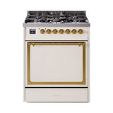 ILVE Nostalgie II Noblesse 30-Inch Propane Gas Dual Fuel Range with Solid Door in Antique White with Brass Trim (UN30QNMPAWGLP)