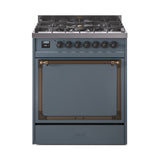 ILVE Nostalgie II Noblesse 30-Inch Propane Gas Dual Fuel Range with Solid Door in Blue Grey with Bronze Trim (UN30QNMPBGBLP)