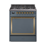 ILVE Nostalgie II Noblesse 30-Inch Propane Gas Dual Fuel Range with Solid Door in Blue Grey with Brass Trim (UN30QNMPBGGLP)