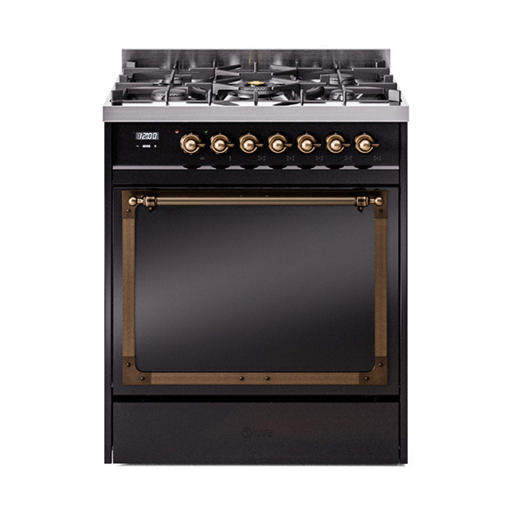 ILVE Nostalgie II Noblesse 30-Inch Natural Gas Dual Fuel Range with Solid Door in Glossy Black with Bronze Trim (UN30QNMPBKB)