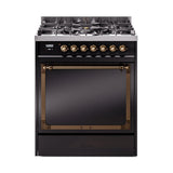 ILVE Nostalgie II Noblesse 30-Inch Natural Gas Dual Fuel Range with Solid Door in Glossy Black with Bronze Trim (UN30QNMPBKB)