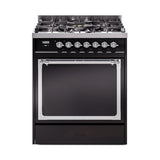 ILVE Nostalgie II Noblesse 30-Inch Natural Gas Dual Fuel Range with Solid Door in Glossy Black with Chrome Trim (UN30QNMPBKC)