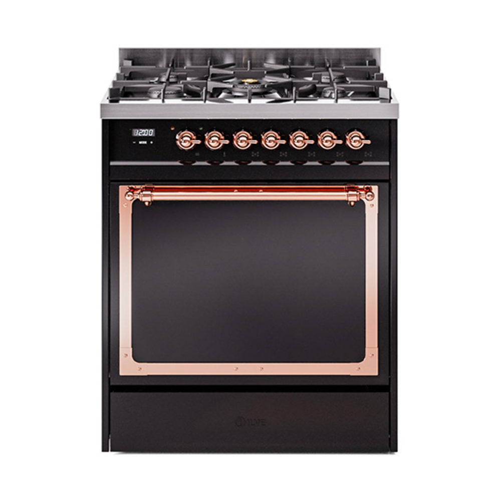ILVE Nostalgie II Noblesse 30-Inch Natural Gas Dual Fuel Range with Solid Door in Glossy Black with Copper Trim (UN30QNMPBKP)