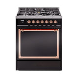 ILVE Nostalgie II Noblesse 30-Inch Natural Gas Dual Fuel Range with Solid Door in Glossy Black with Copper Trim (UN30QNMPBKP)