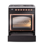 ILVE Nostalgie II Noblesse 30-Inch Natural Gas Dual Fuel Range with Solid Door in Glossy Black with Copper Trim (UN30QNMPBKP)